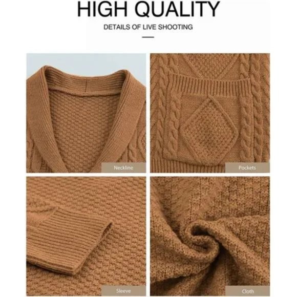 New Men's Casual Cardigan Sweater with Pockets Camel - Picture 4 of 6